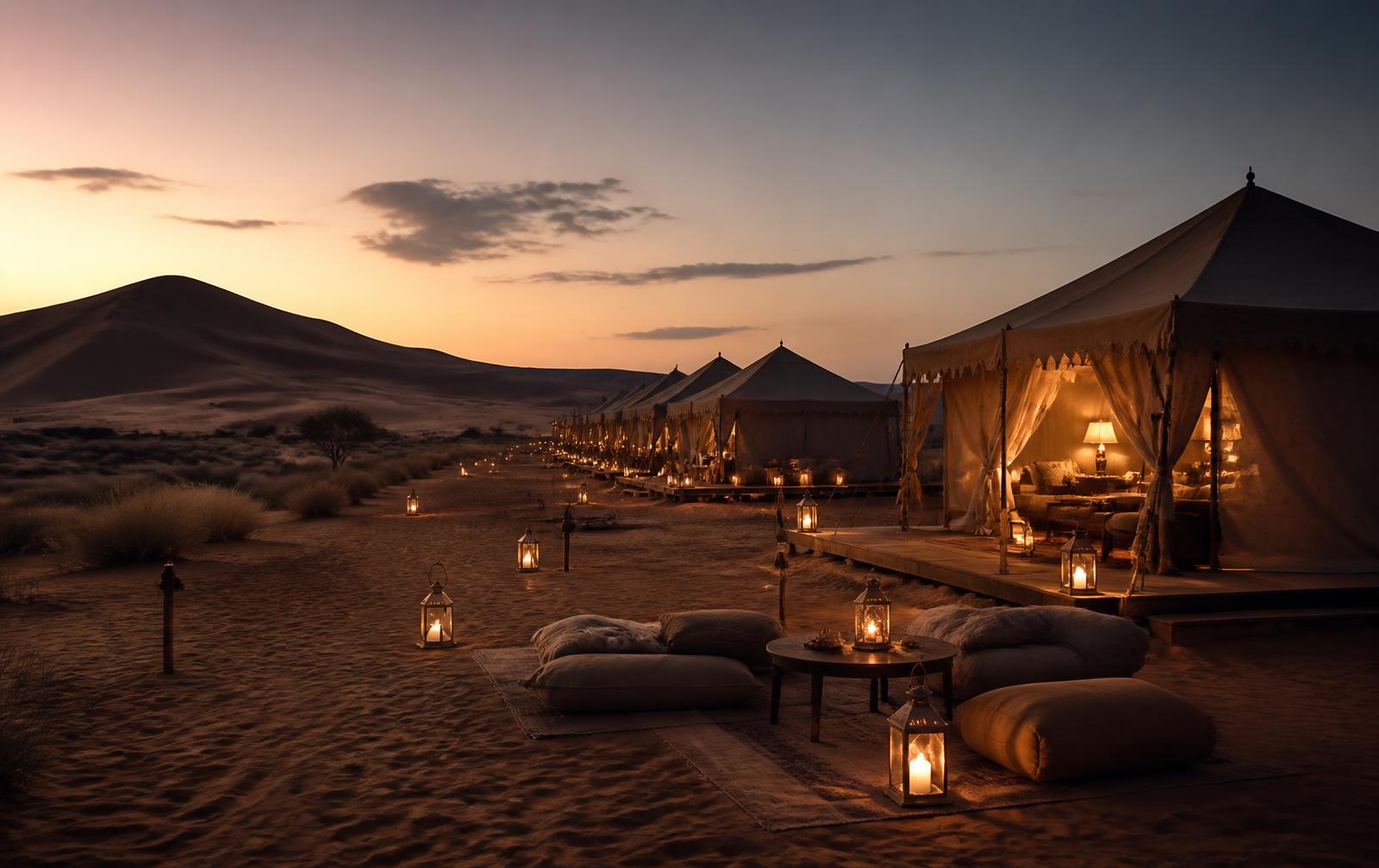 Luxury tented camp glowing at dusk in the Sahara